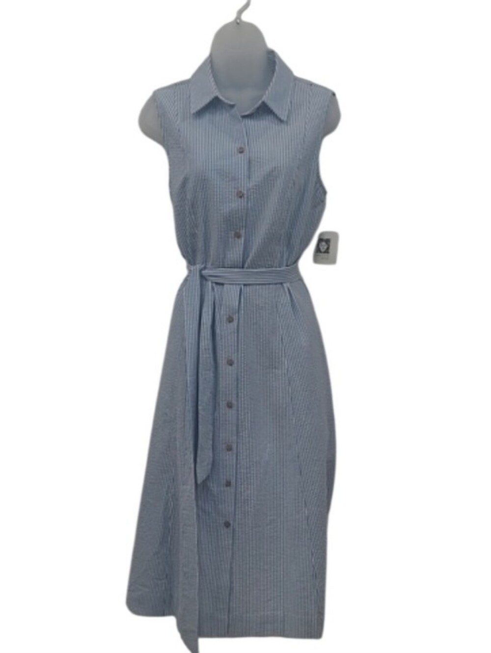 Anne Klein Calf Length Striped Sleeveless Shirt Collared Button Up Front Dress